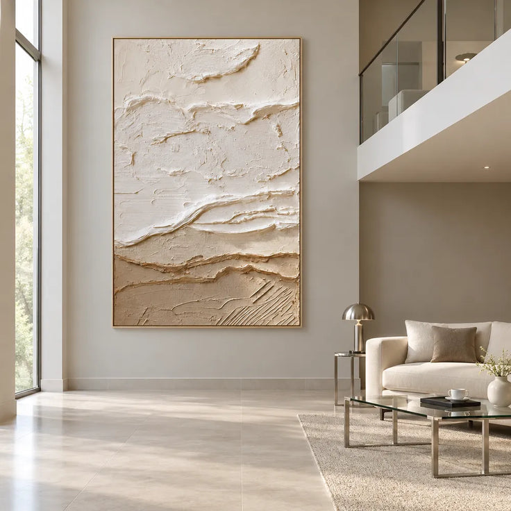 Ivory and Sand Hand-Painted 3D Textured Oil Painting, Horizontal Band Abstract #UP0DLY3U