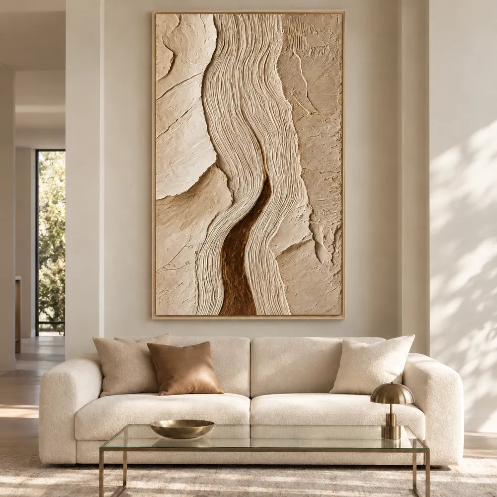 Cream Tan Hand-Painted 3D Textured Oil Painting, Winding Ridges Wall Art #4U0FQXUW