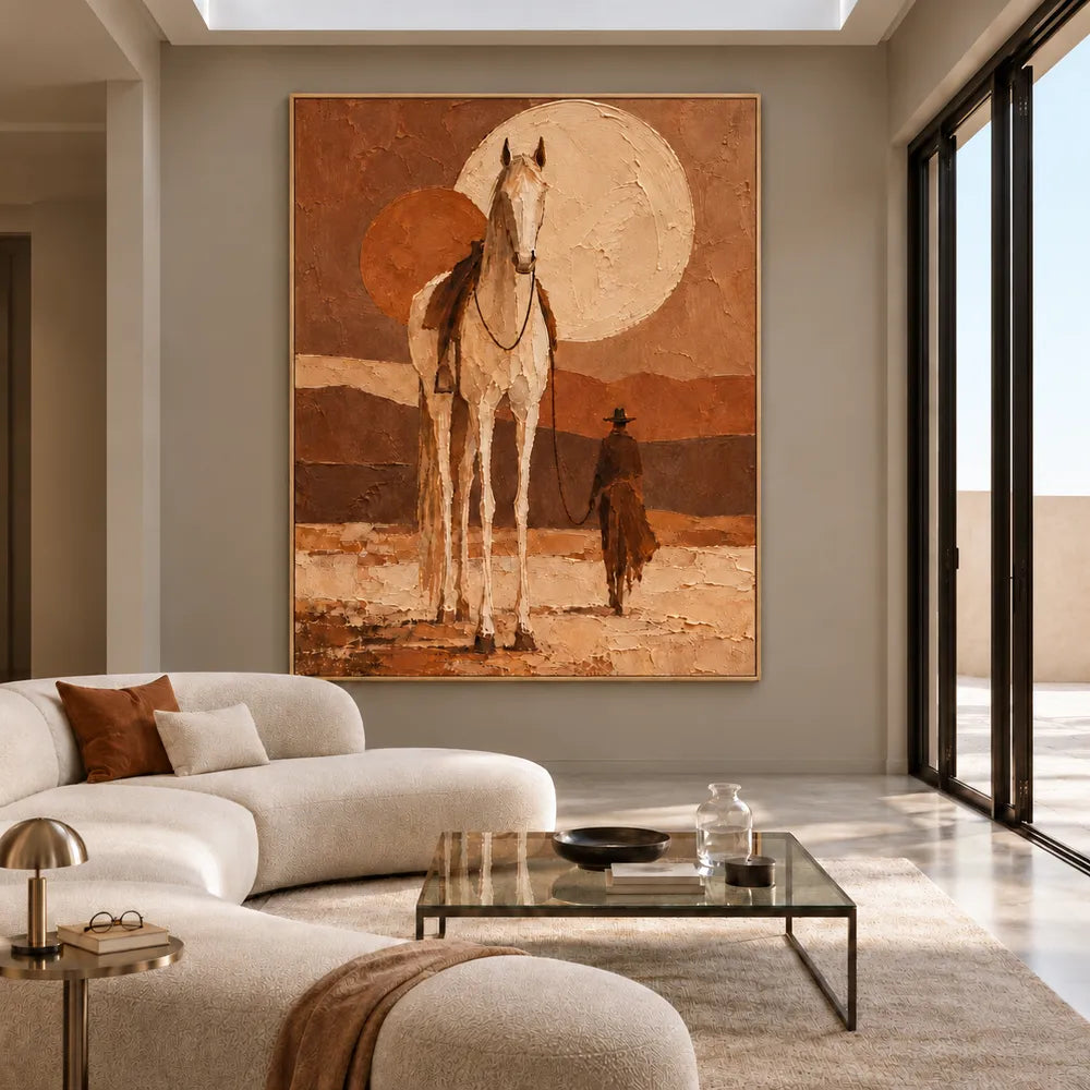 Earth-Tone Hand-Painted Oil Painting, Tall White Horse and Cowboy #SSW3XYPZ