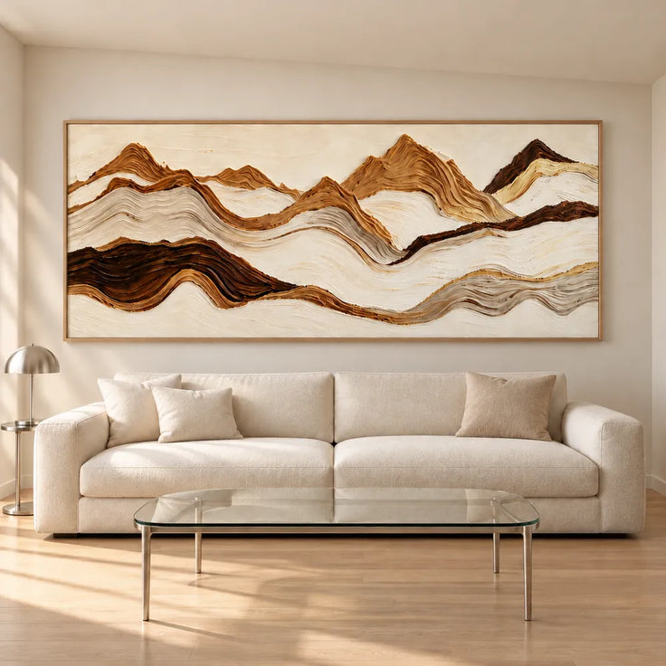 Cream & Brown Hand-Painted 3D Textured Oil Painting, Panoramic Mountain Landscape Wall Art #L7N7S073
