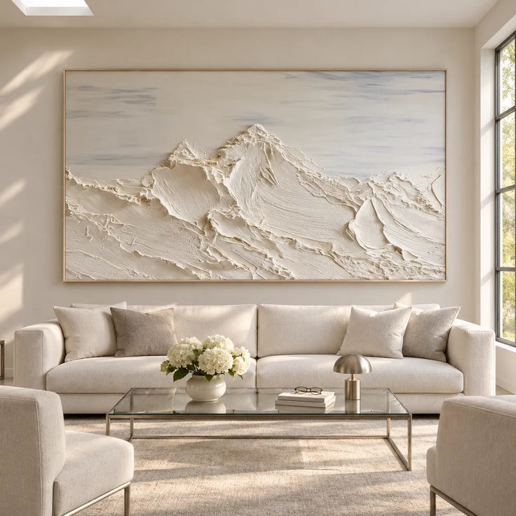 Ivory Hand-Painted 3D Textured Oil Painting, Mountain Peaks Beneath a Soft Gray Sky #0MQBQEM1