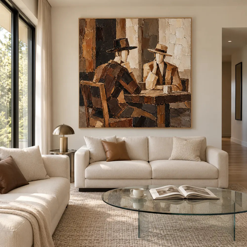 Brown Hand-Painted Oil Painting, Two Hat-Wearing Figures at a Table #0C7HVNB7