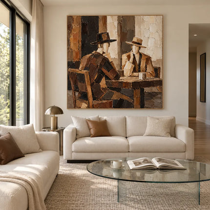Brown Hand-Painted Oil Painting, Two Hat-Wearing Figures at a Table #0C7HVNB7