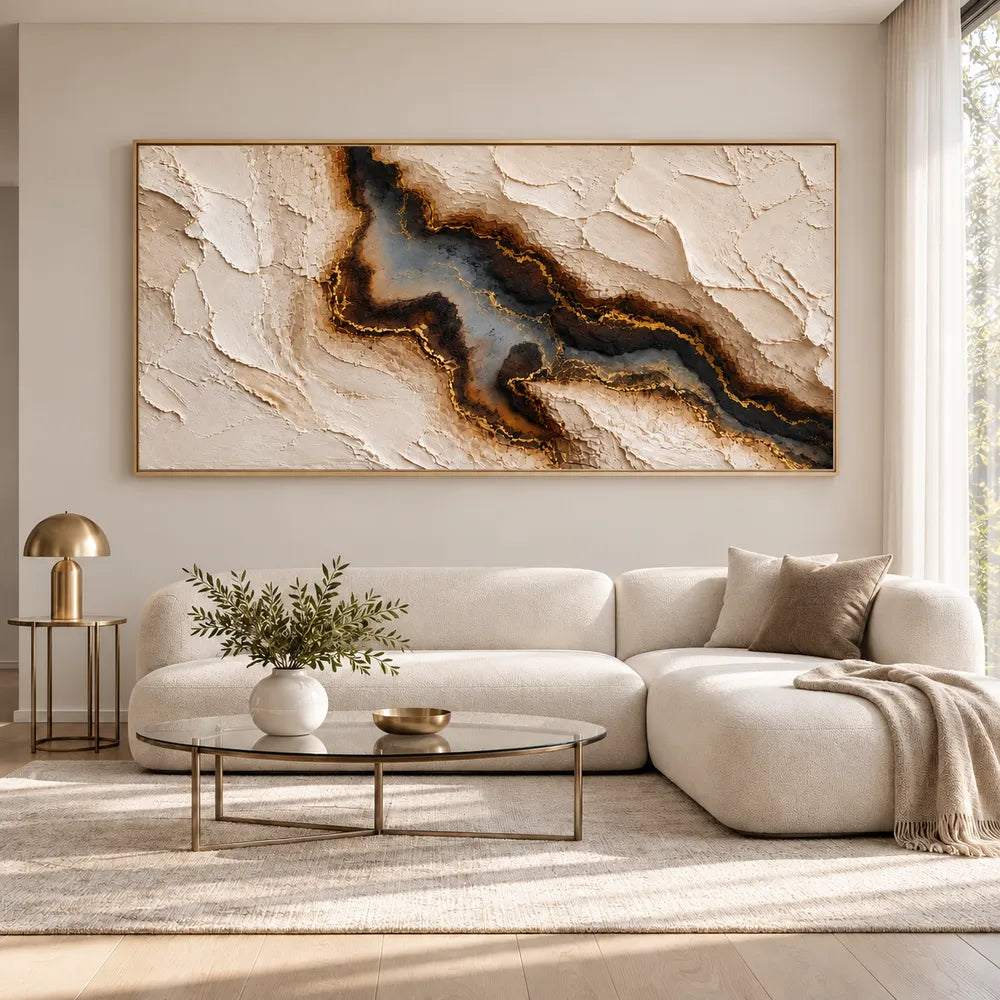 Cream Hand-Painted 3D Textured Oil Painting, Dark Mineral Vein Wall Art #4AKNUHGG