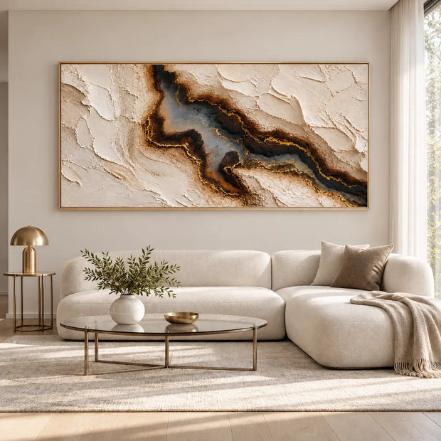 Cream Hand-Painted 3D Textured Oil Painting, Dark Mineral Vein Wall Art #4AKNUHGG