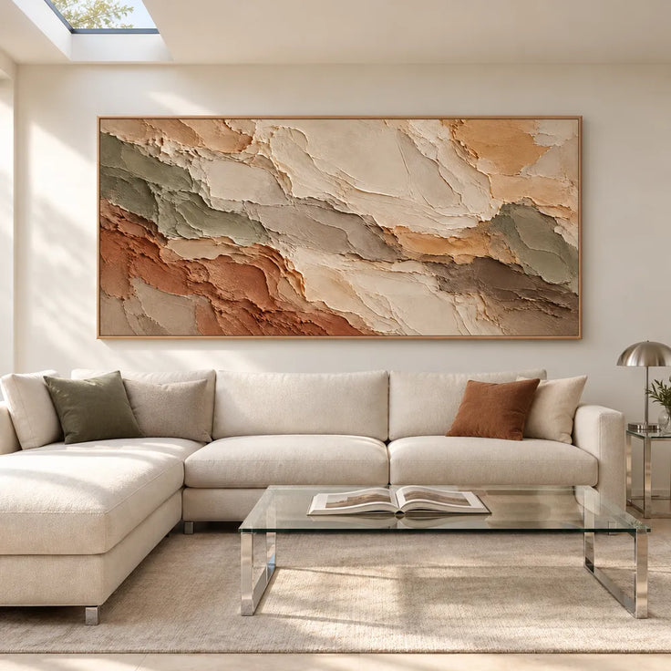 Cream and Terracotta Hand-Painted 3D Textured Oil Painting, Broad Organic Bands #LT43B3PW