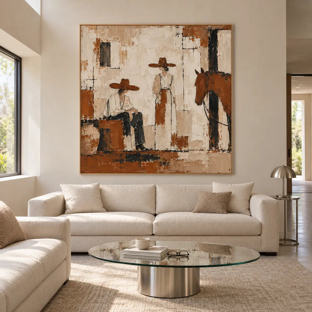 Cream and Brown Hand-Painted Oil Painting, Western Figures with a Horse #5Z6JSBUO