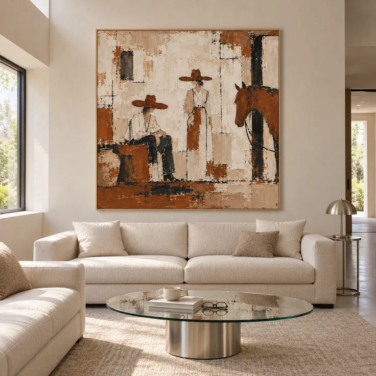 Cream and Brown Hand-Painted Oil Painting, Western Figures with a Horse #5Z6JSBUO