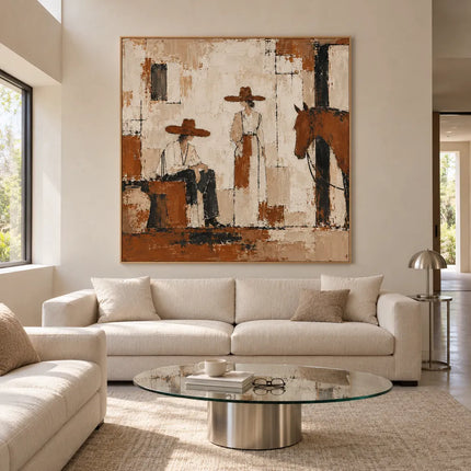 Cream and Brown Hand-Painted Oil Painting, Western Figures with a Horse #5Z6JSBUO