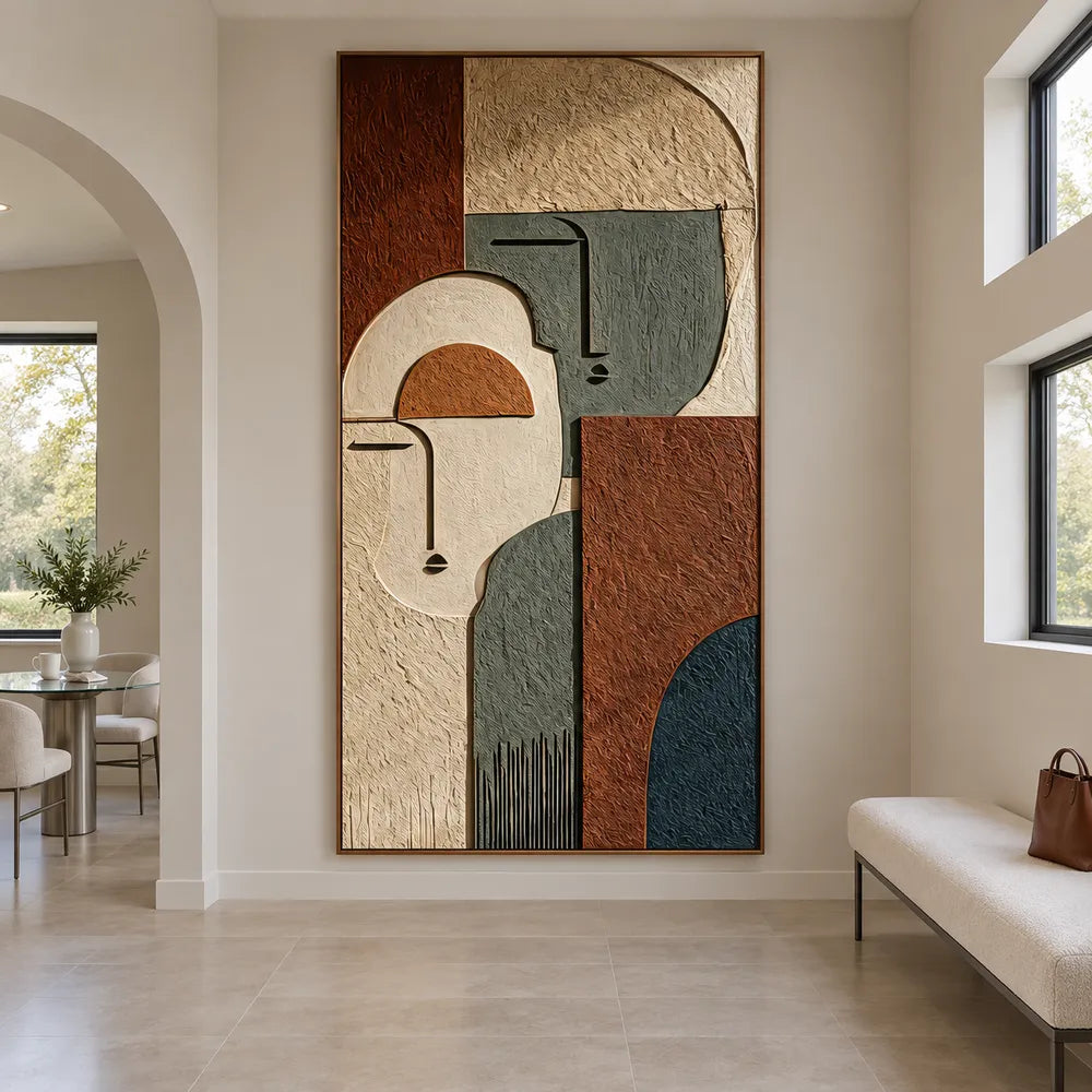 Earth-Tone Hand-Painted 3D Textured Oil Painting, Two Geometric Faces #CIED8WA9
