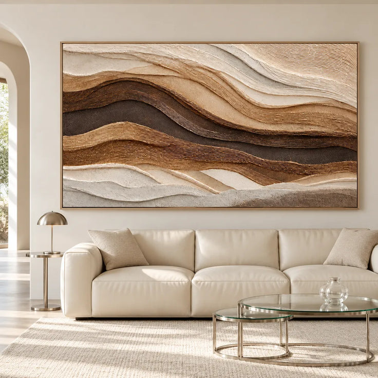 Brown Cream Hand-Painted 3D Textured Oil Painting, Rolling Strata Wall Art #WMVP53K9