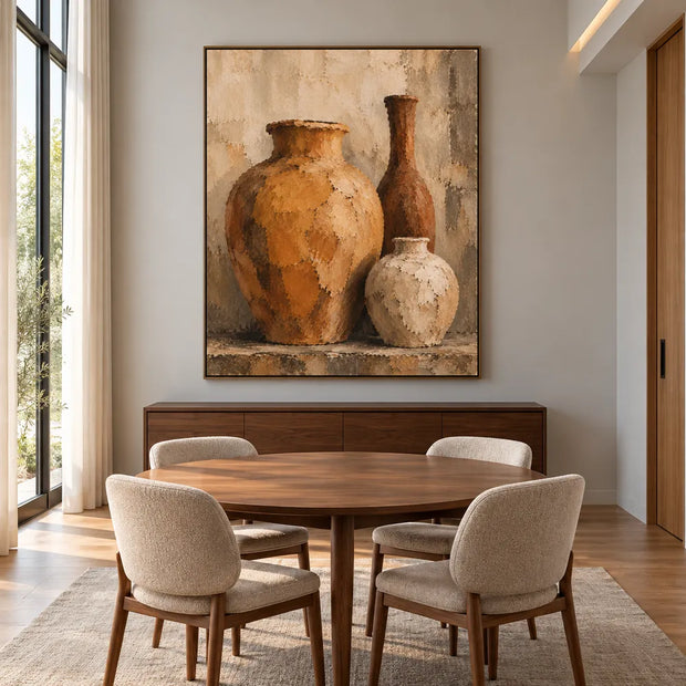 Ochre & Cream Hand-Painted Oil Painting, Three-Vessel Still Life Wall Art #198HZFBY