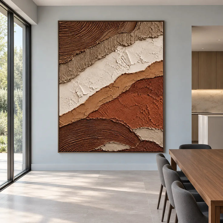 Brown & Ivory Hand-Painted 3D Textured Oil Painting, Diagonal Earth-Tone Abstract Wall Art #S6B3TVFK