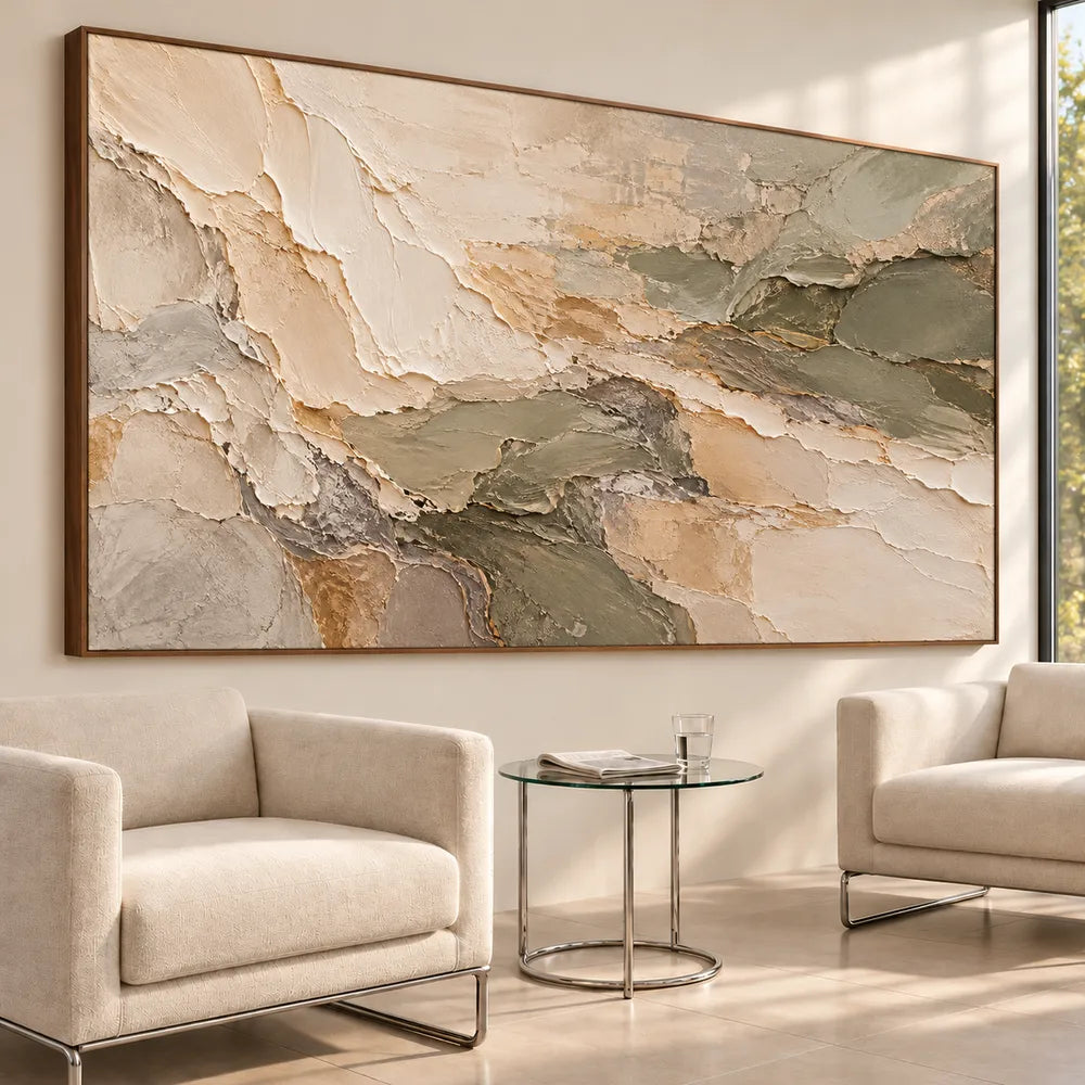 Cream and Olive Hand-Painted 3D Textured Oil Painting, Interlocking Abstract Layers #5NBBMJRS