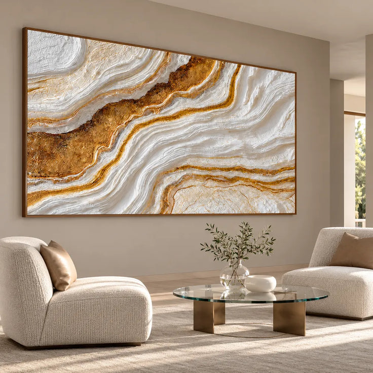 White Gold Hand-Painted 3D Textured Oil Painting, Flowing Veins Wall Art #1VPH1ZGA