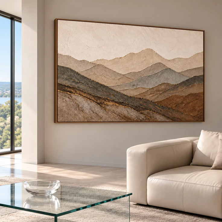 Earth Tone Hand-Painted 3D Textured Oil Painting, Mountain Layers Wall Art #I787QXE3