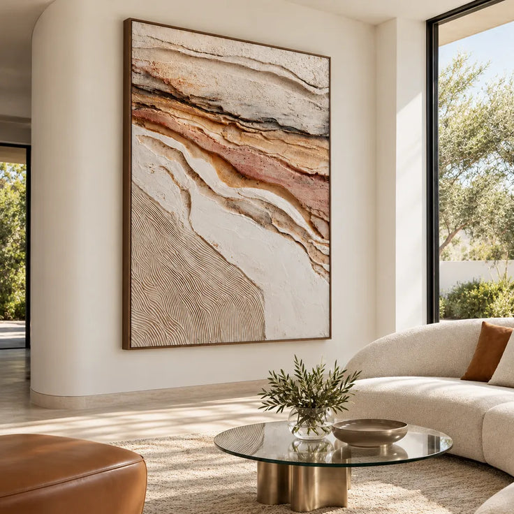 Ivory Tan Hand-Painted 3D Textured Oil Painting, Eroded Layers Wall Art #9RAVTEF6