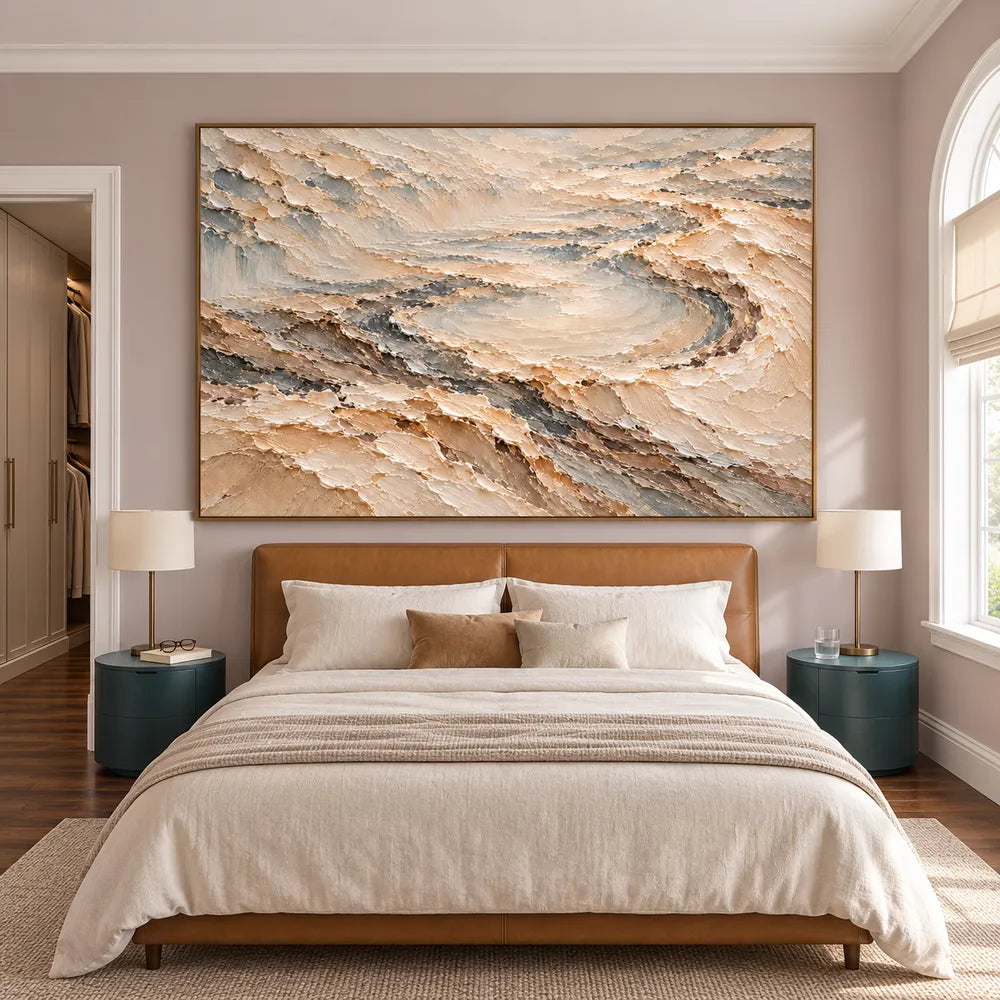 Cream and Taupe Hand-Painted 3D Textured Oil Painting, Terraced Abstract Landscape #RBCLZPS2