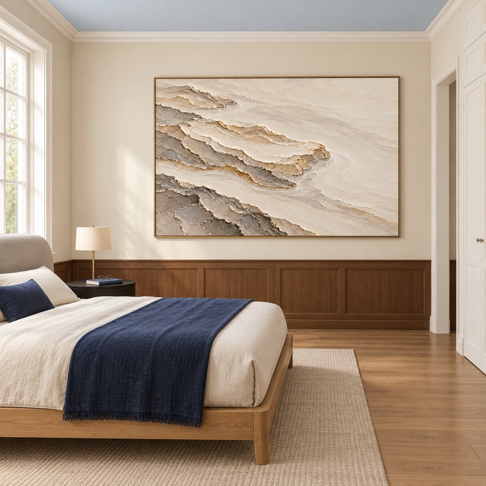 Cream and Taupe Hand-Painted 3D Textured Oil Painting, Terraced Abstract Landscape #HZKDB1K9