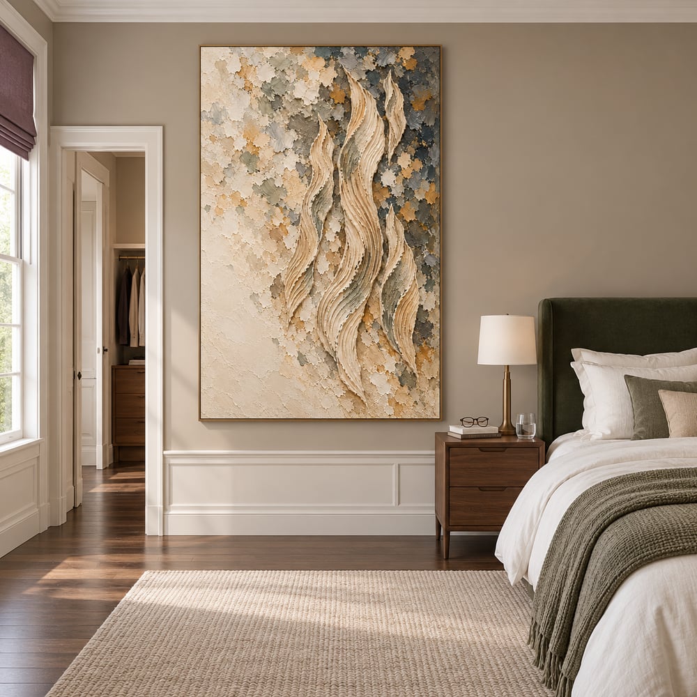 Cream and Gray Hand-Painted 3D Textured Oil Painting, Rising Organic Ribbons #8A15UUOD