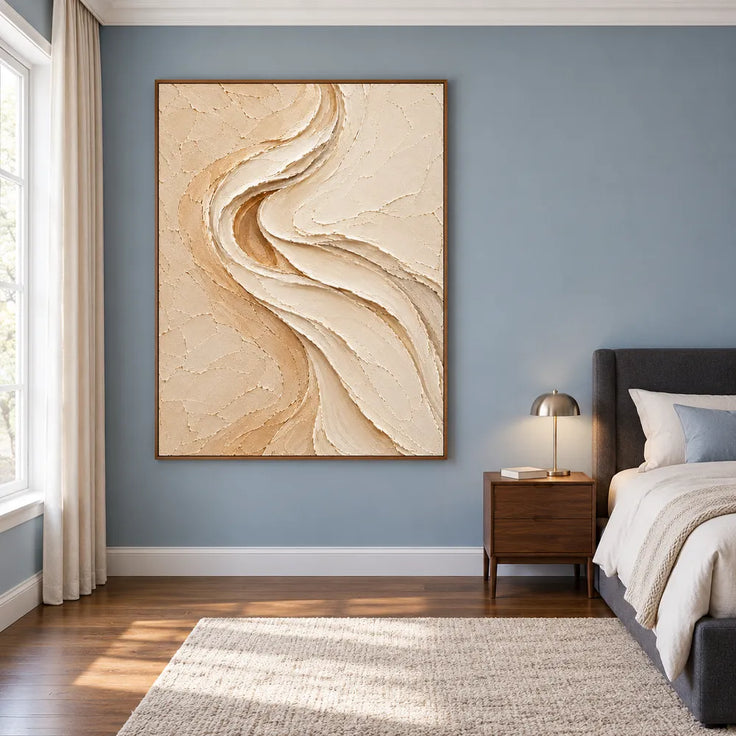 Beige & Cream Hand-Painted 3D Textured Oil Painting, Flowing S-Curve Abstract Wall Art #DD2BSLPJ