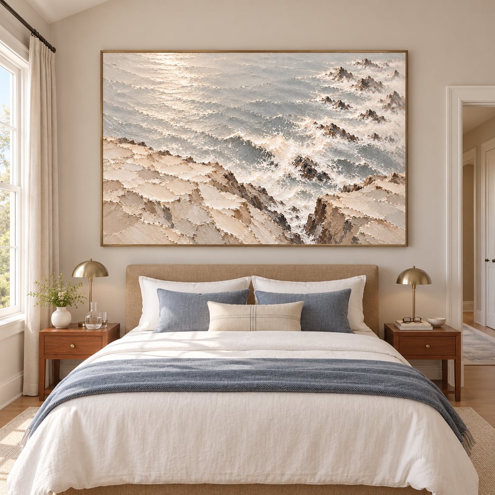 Ivory Gray Hand-Painted 3D Textured Oil Painting, Rocky Seascape Wall Art #3B8T60SA