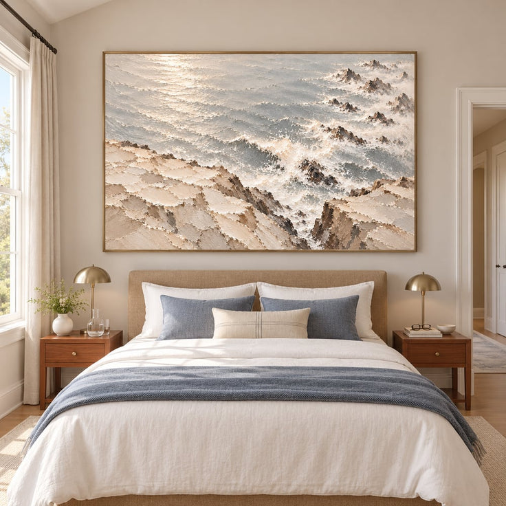 Ivory Gray Hand-Painted 3D Textured Oil Painting, Rocky Seascape Wall Art #3B8T60SA