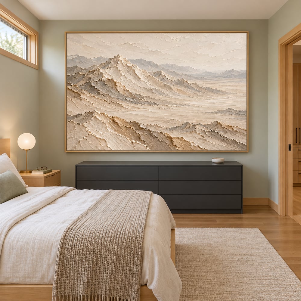 Beige and Cream Hand-Painted 3D Textured Oil Painting, Mountain Valley Landscape #63OLCVHT