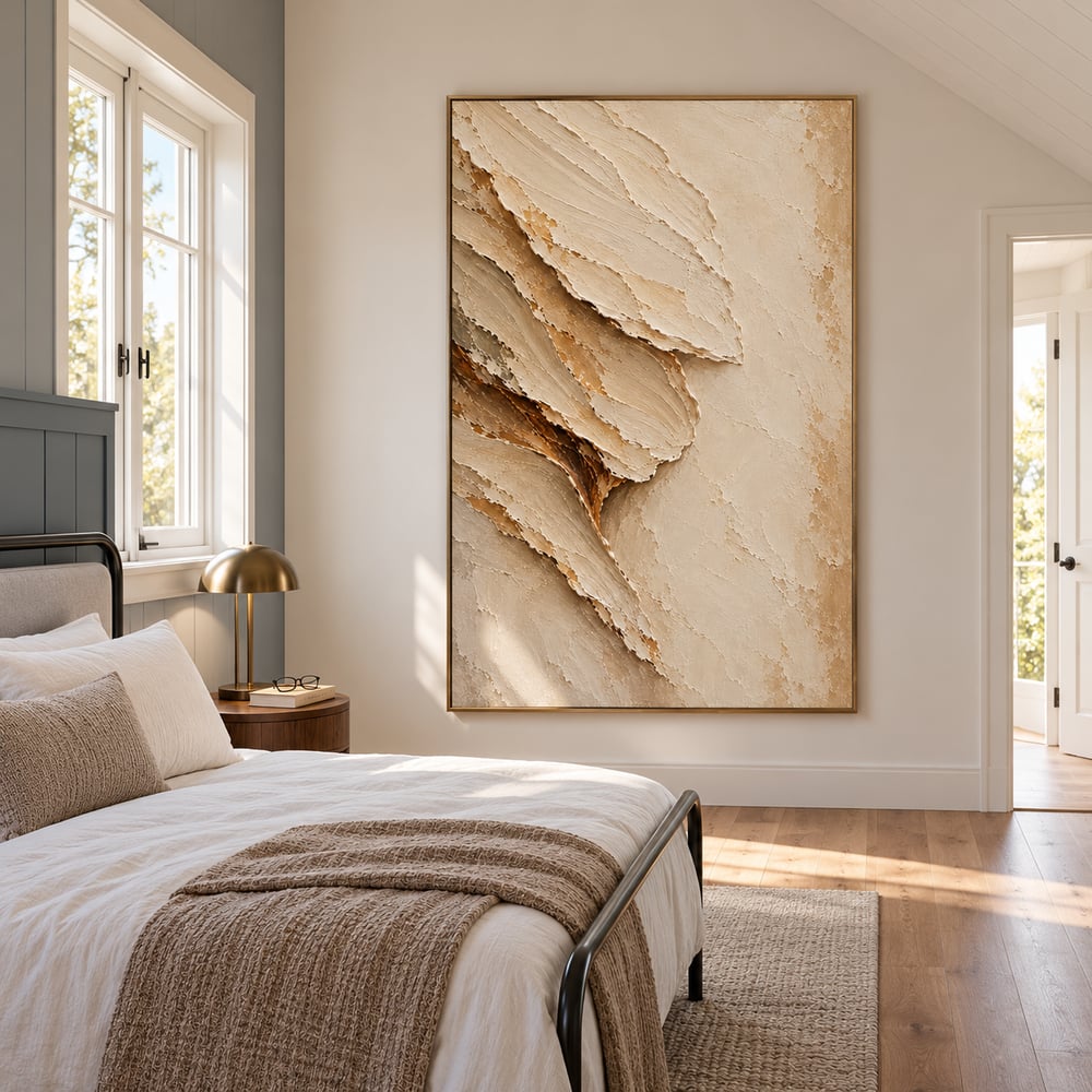 Cream Hand-Painted 3D Textured Oil Painting, Sweeping Organic Layers #0O23IRH8