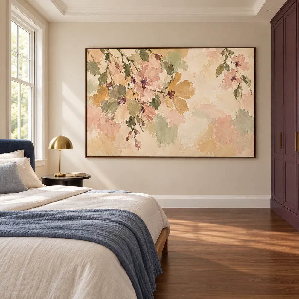 Cream and Blush Hand-Painted Oil Painting, Cascading Flowers and Leaves #VXD35PIW
