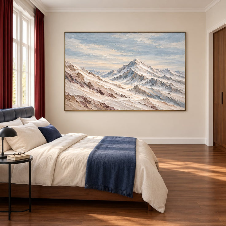 Ivory and Blue-Gray Hand-Painted 3D Textured Oil Painting, Snowy Mountain Peaks #WX7ZWCKG