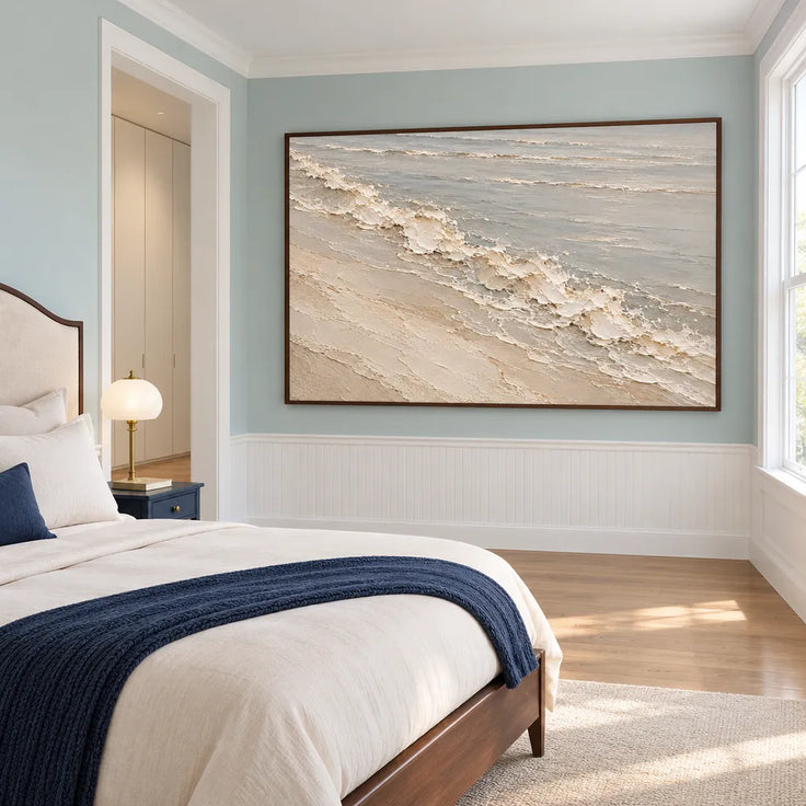 Ivory Gray Hand-Painted Oil Painting, Diagonal Shoreline Wave on a Pale Beach #A63VT0KF