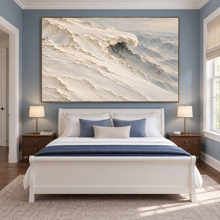 Ivory and Gray Hand-Painted 3D Textured Oil Painting, Curling Ocean Wave #1B9DGWWU