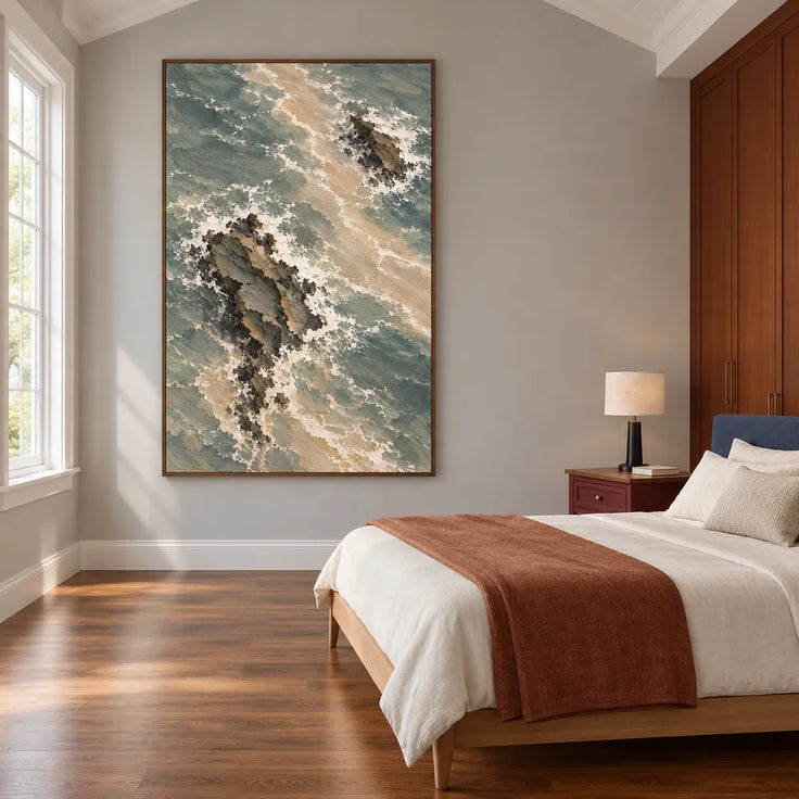 Gray Green Hand-Painted Oil Painting, Overhead View of Rocks and Surf #W3LVFOJR