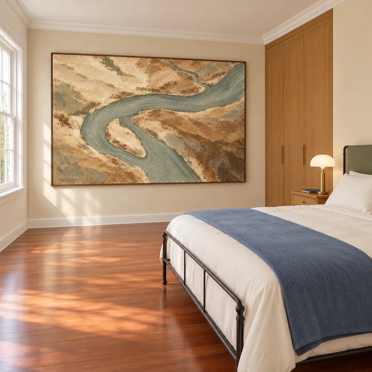 Sand and Sage Hand-Painted Oil Painting, Winding River Viewed from Above #W2T3V88Z