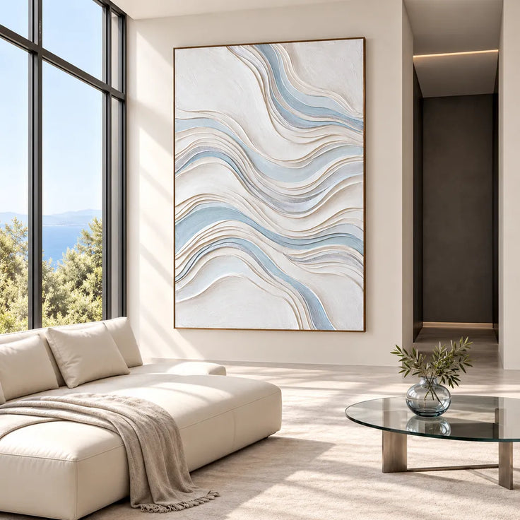White Hand-Painted 3D Textured Oil Painting, Flowing Waves Wall Art #W2VPSFII