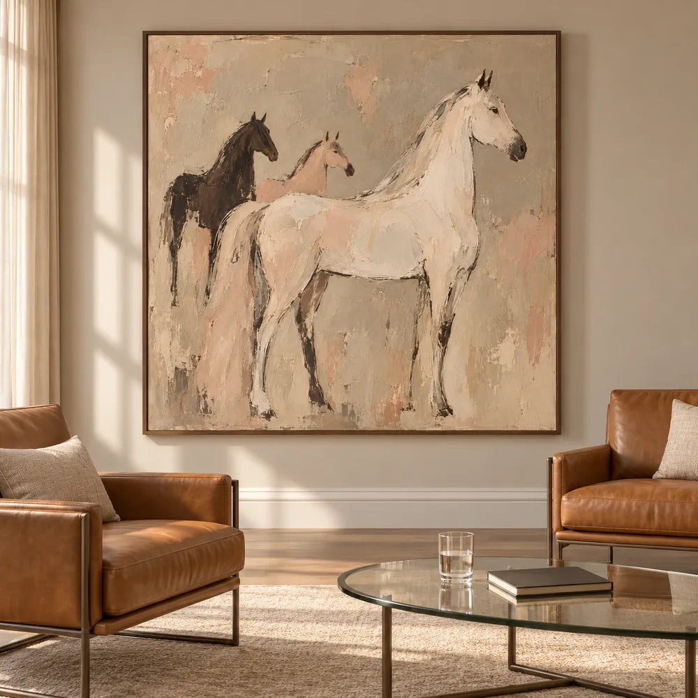 Beige & Cream Hand-Painted Oil Painting, Three Horses in a Modern Equestrian Composition #HIPLCPC8