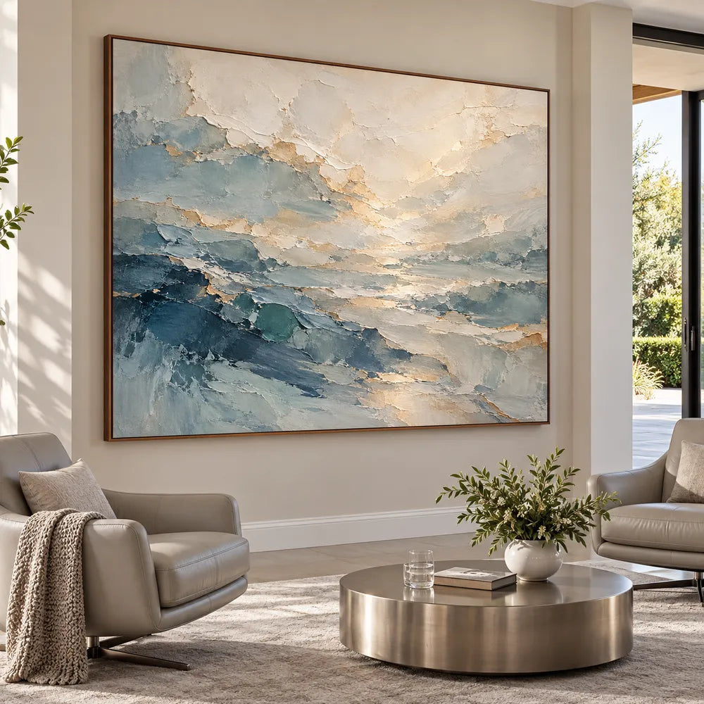 Blue Gray & Ivory Hand-Painted Oil Painting, Abstract Layered Landscape #XI8BIQFA