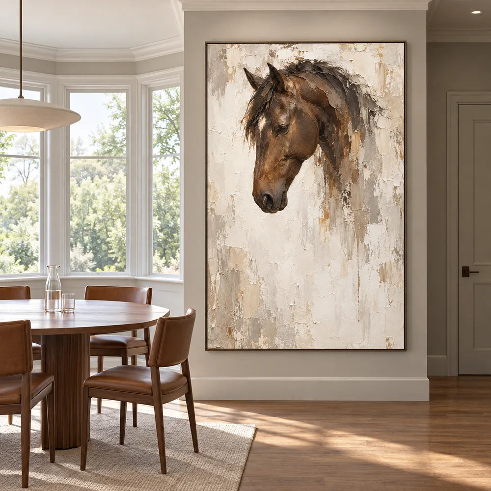 Cream & Brown Hand-Painted Oil Painting, Contemporary Horse Portrait #FOQD7D36