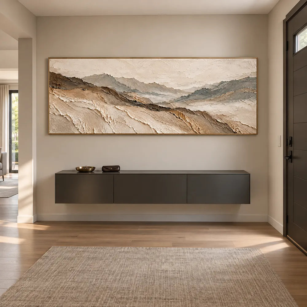 Beige Hand-Painted 3D Textured Oil Painting, Panoramic Mountain Valley #3H35H8YM