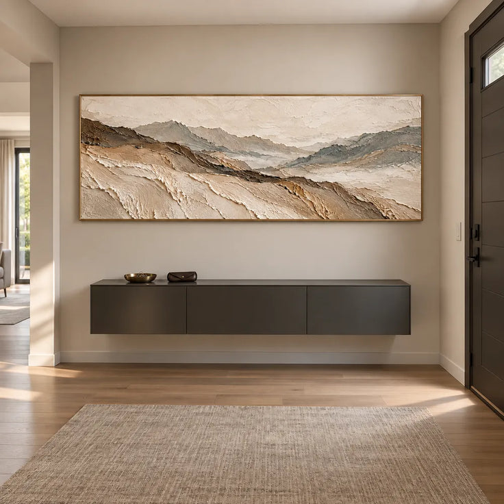Beige Hand-Painted 3D Textured Oil Painting, Panoramic Mountain Valley #3H35H8YM