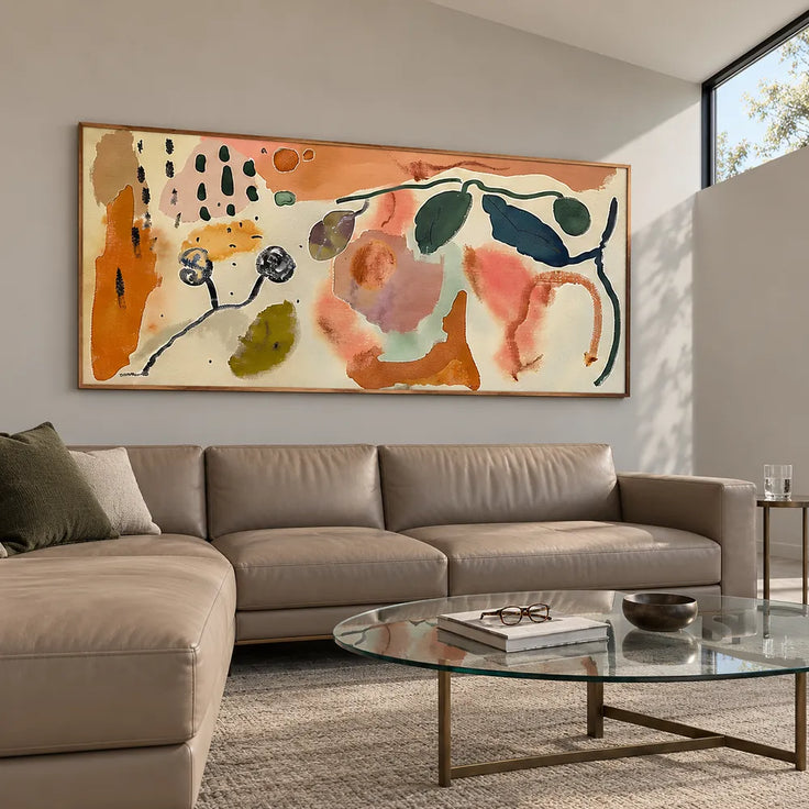 Cream and Terracotta Hand-Painted Oil Painting, Botanical Abstract #R8TB20YJ