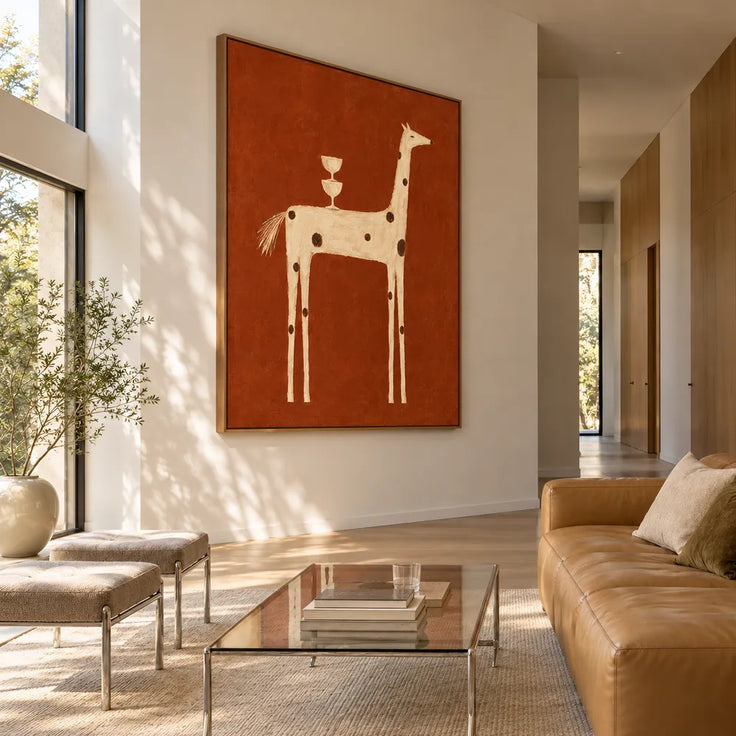 Burnt Orange Hand-Painted Oil Painting, Spotted Horse with Stacked Goblets #ISDV5ZX3