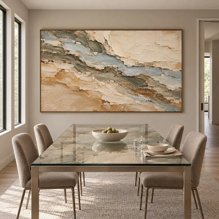 Beige Hand-Painted 3D Textured Oil Painting, Blue-Gray Diagonal Layers #S9SBK2RJ