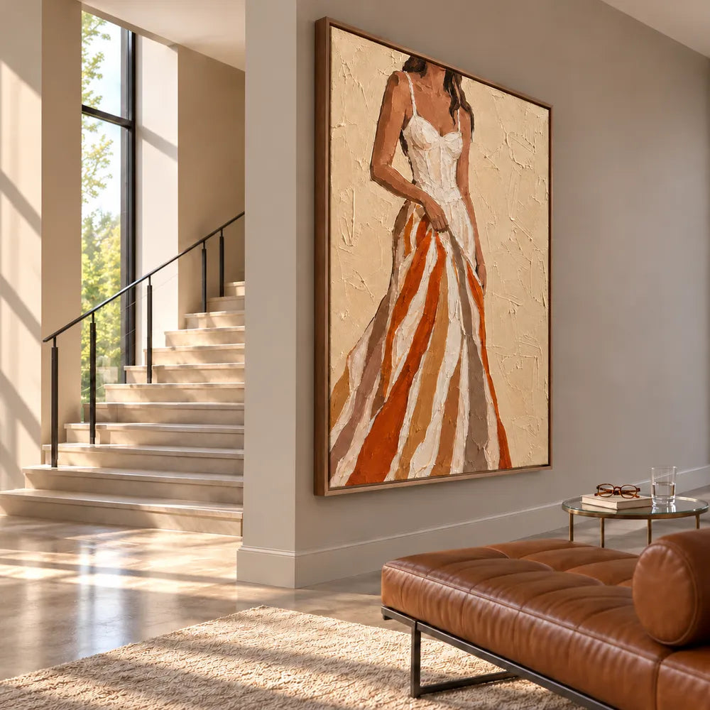 Beige & Rust Hand-Painted Oil Painting, Woman in a Flowing Dress #LMRN0GND