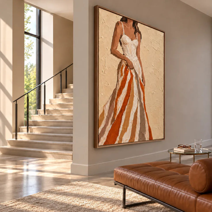Beige & Rust Hand-Painted Oil Painting, Woman in a Flowing Dress #LMRN0GND