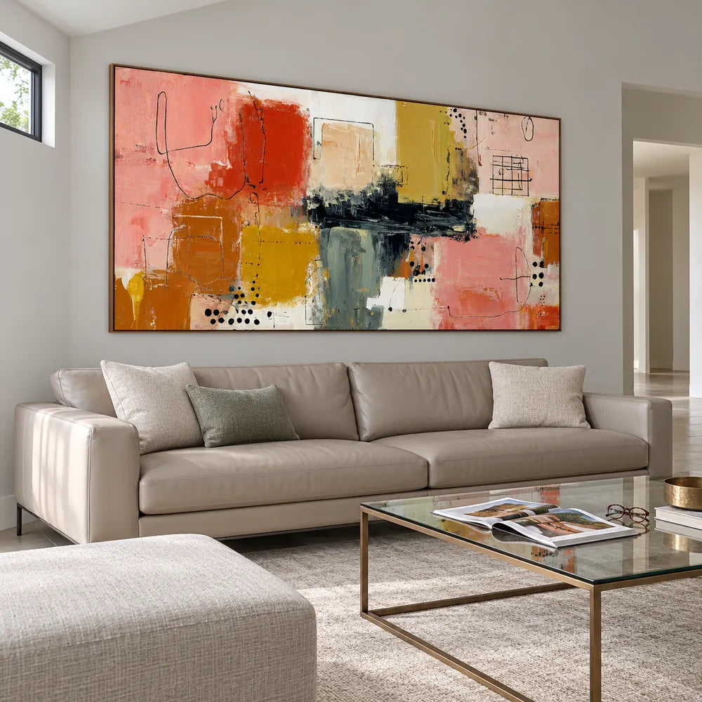 Pink and Ochre Hand-Painted Oil Painting, Graphic Color Block Abstract #7V43Y2LW