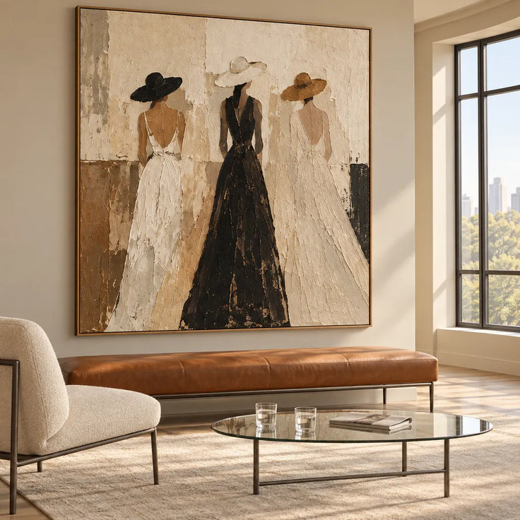 Beige & Cream Hand-Painted Oil Painting, Three Women in Wide-Brim Hats #PGVBMQNS
