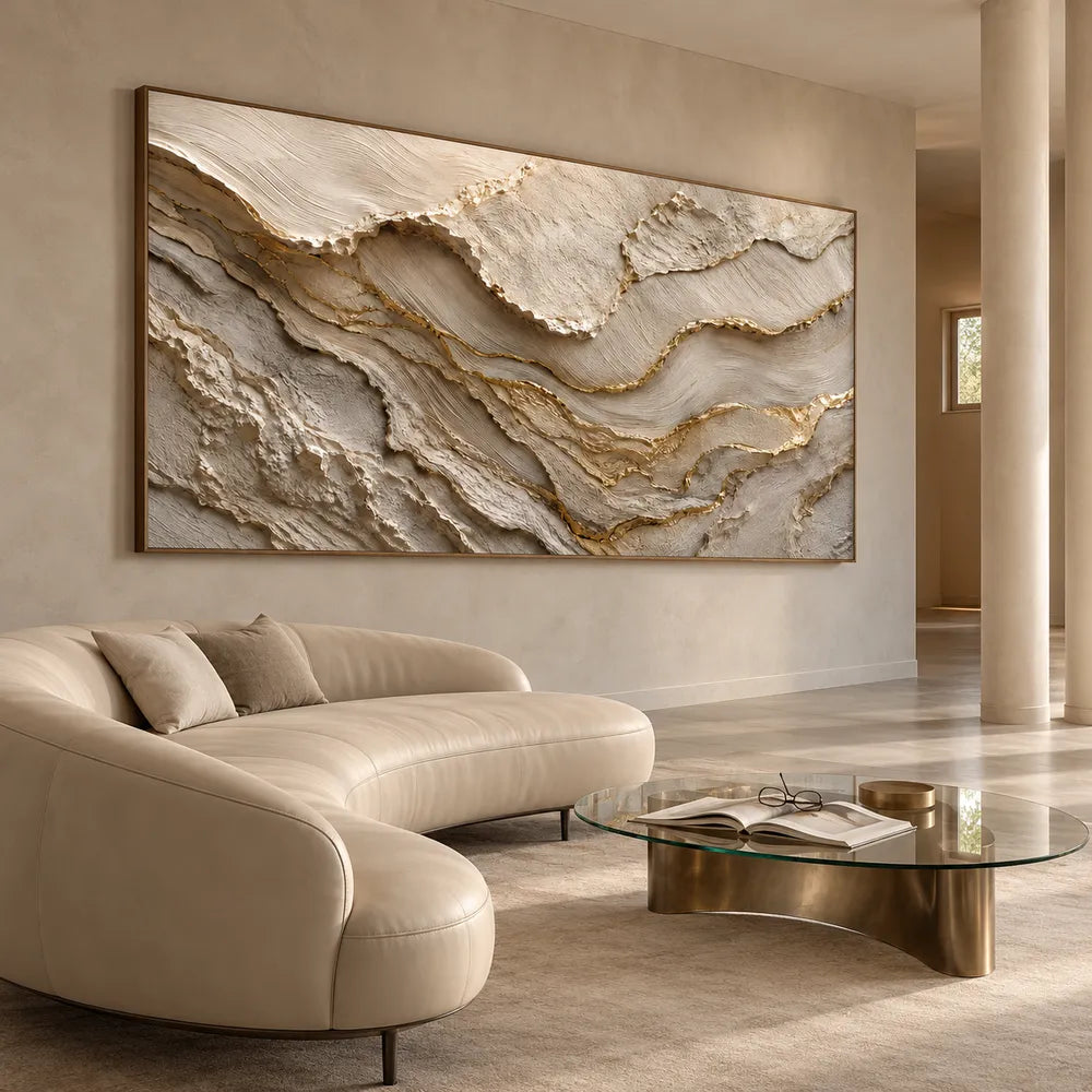 Ivory and Taupe Hand-Painted 3D Textured Oil Painting, Wavy Layer Abstract #QF2DVOSX