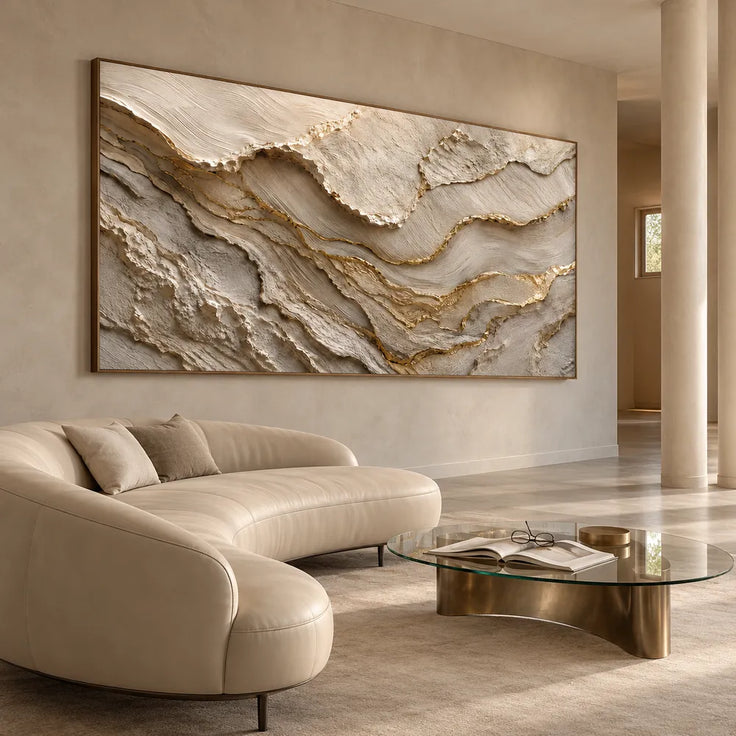 Ivory and Taupe Hand-Painted 3D Textured Oil Painting, Wavy Layer Abstract #QF2DVOSX